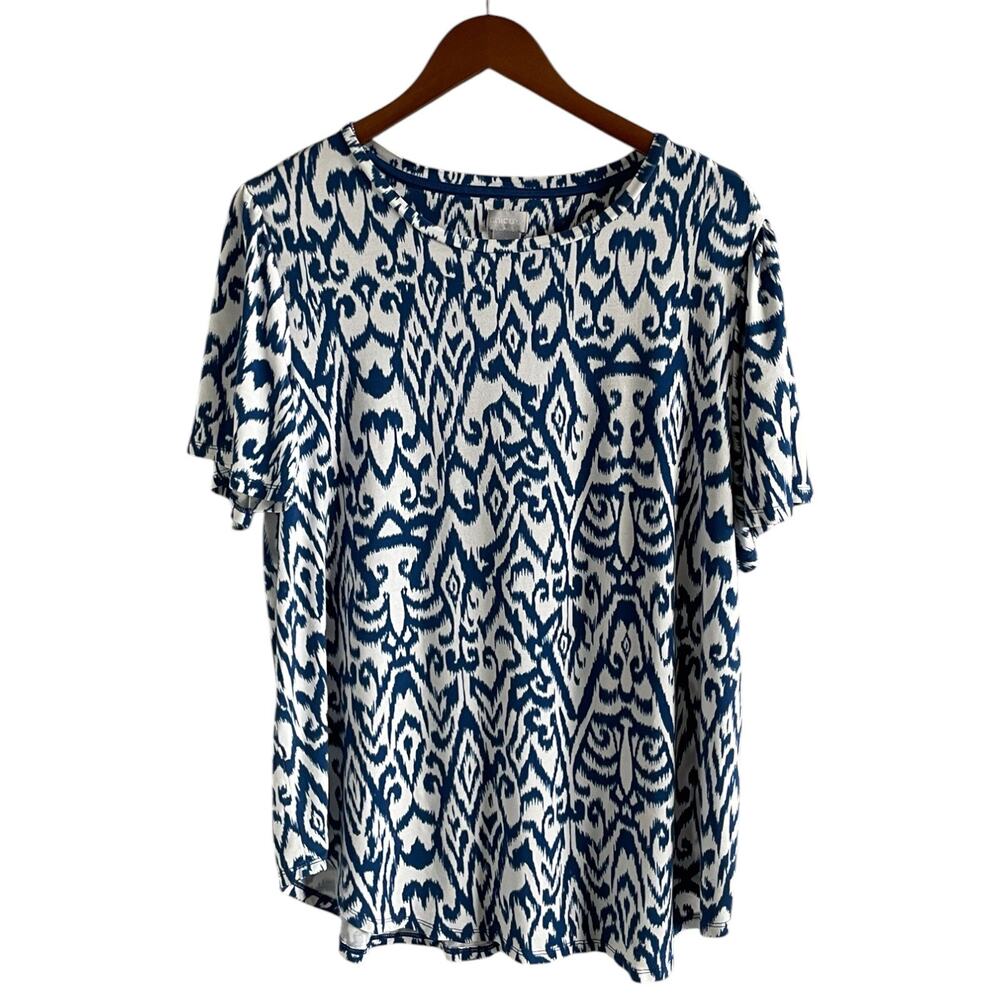 Chicos Shirt Womens Short Sleeve Top Ikat Print Size 3/XL White Blue Coastal